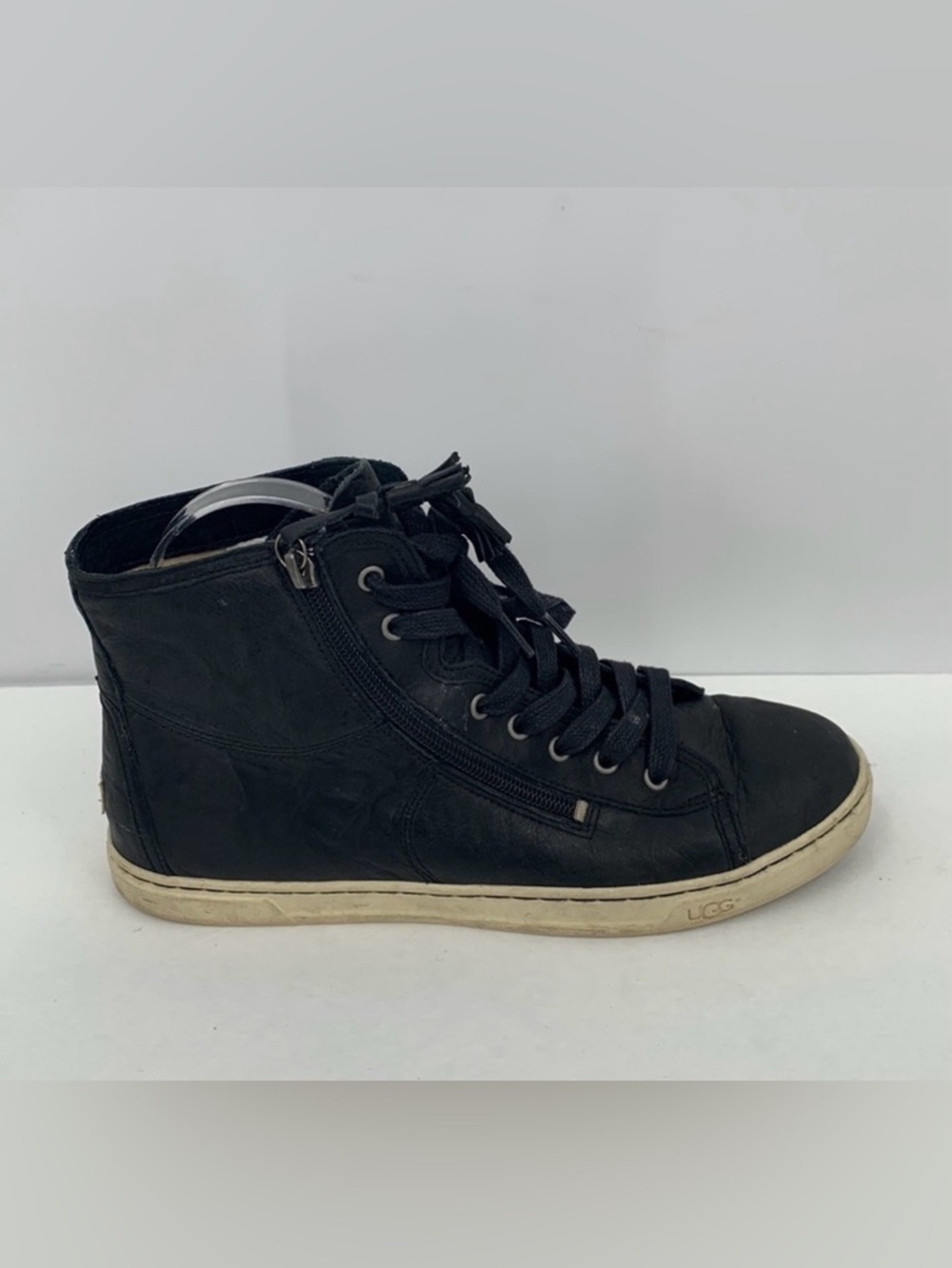 UGG high top black leather sneakers shoes lace tie zipper women 10